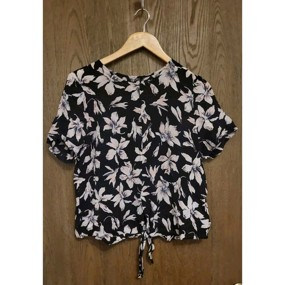 Madewell Womens Black & Pink Floral Silk Tie Front Short Sleeve Shirt Size Large